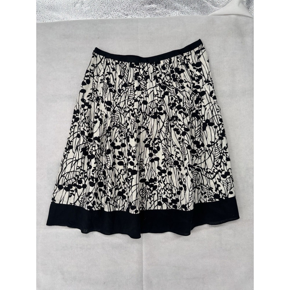 George Me Mark Eisen A-Line Linen Skirt Sz 12 Black White Floral Classic Midi